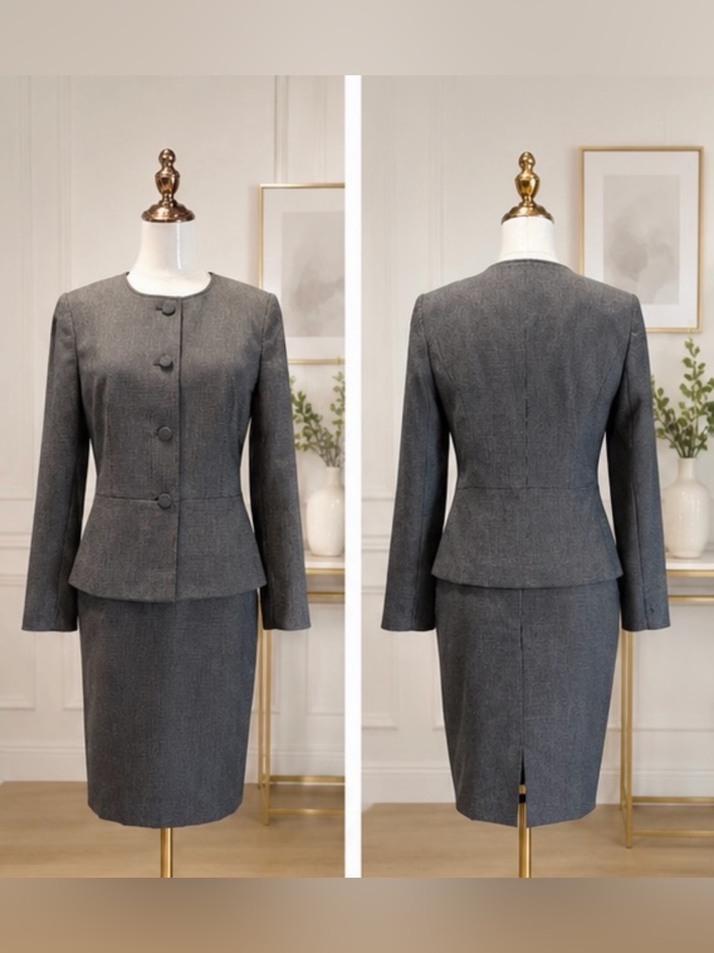 Classic Grey Women's Tailored Skirt Suit Jacket Set